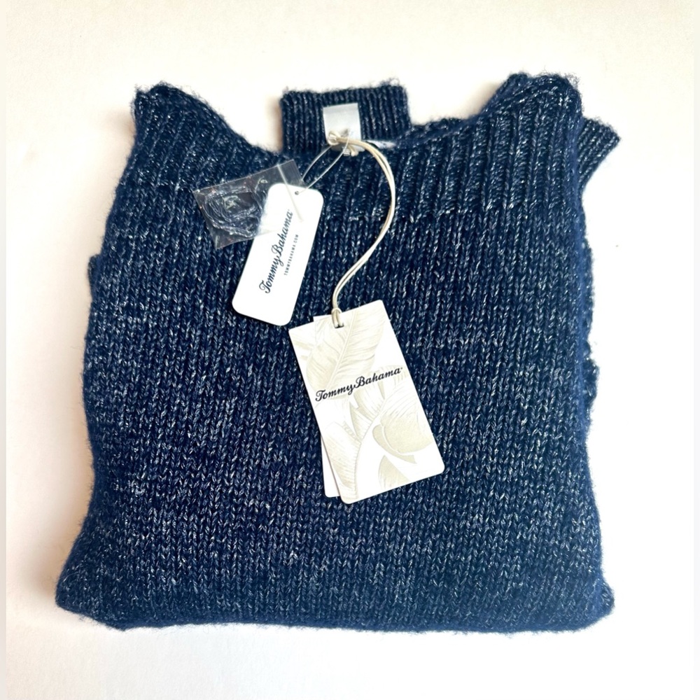 Tommy Bahama Wool Blend Shimmer Ballon Sleeve Island Navy Sweater size Med. NWT - Picture 10 of 11